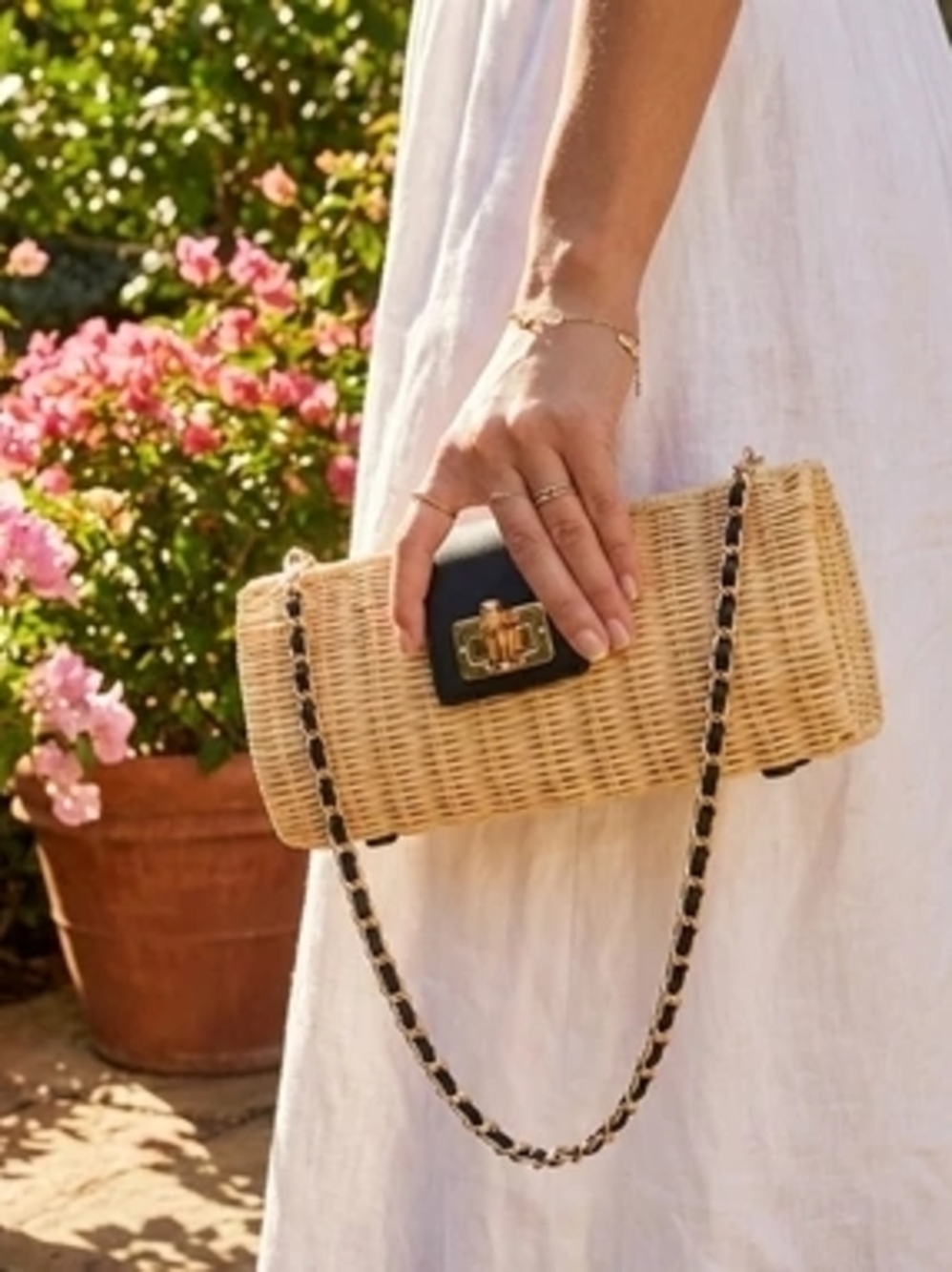 Woven Straw Clutch with Black Trim and Chain Strap